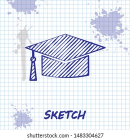 Sketch line Graduation cap icon isolated on white background. Graduation hat with tassel icon.  Vector Illustration