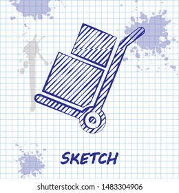 Sketch line Hand truck and boxes icon isolated on white background. Dolly symbol.  Vector Illustration