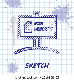 Sketch line Hanging sign with text For Rent icon isolated on white background. Signboard with text For Rent.  Vector Illustration