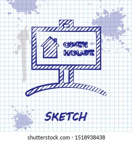 Sketch line Hanging sign with text Open house icon isolated on white background. Signboard with text Open house.  Vector Illustration