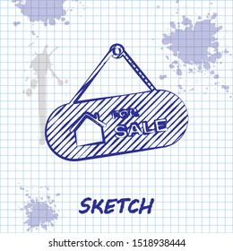 Sketch line Hanging sign with text For Sale icon isolated on white background. Signboard with text For Sale.  Vector Illustration