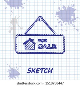 Sketch line Hanging sign with text For Sale icon isolated on white background. Signboard with text For Sale.  Vector Illustration