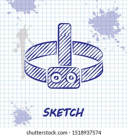 Sketch line Head flashlight icon isolated on white background. Tourist head flashlight. Camping head light.  Vector Illustration