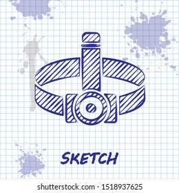 Sketch line Head flashlight icon isolated on white background. Tourist head flashlight. Camping head light.  Vector Illustration