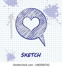 Sketch line Heart in speech bubble icon isolated on white background. Heart shape in message bubble. Love sign. Valentines day symbol.  Vector Illustration