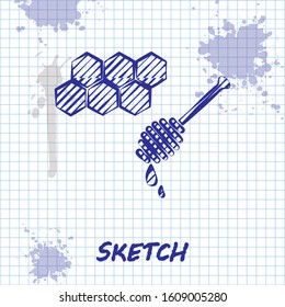 Sketch line Honeycomb with honey dipper stickicon isolated on white background. Honey ladle. Honey cells symbol. Sweet natural food.  Vector Illustration