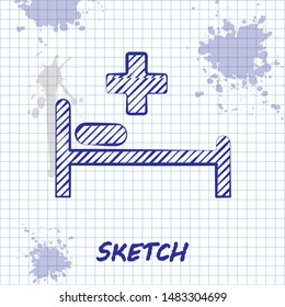 Sketch line Hospital Bed with Medical symbol of the Emergency - Star of Life icon isolated on white background.  Vector Illustration