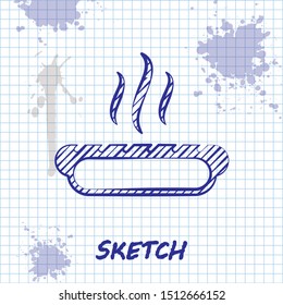 Sketch line Hotdog sandwich with mustard icon isolated on white background. Sausage icon. Fast food sign.  Vector Illustration