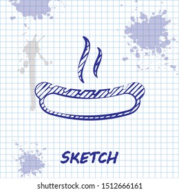 Sketch line Hotdog sandwich with mustard icon isolated on white background. Sausage icon. Fast food sign.  Vector Illustration