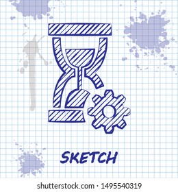 Sketch line Hourglass and gear icon isolated on white background. Time Management symbol. Clock and gear icon. Productivity symbol.  Vector Illustration