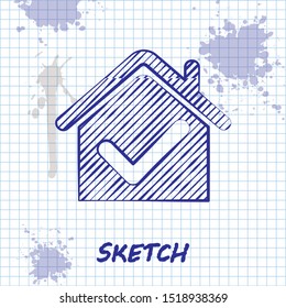 Sketch line House with check mark icon isolated on white background. Real estate agency or cottage town elite class.  Vector Illustration