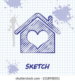 Sketch line House with heart shape icon isolated on white background. Love home symbol. Family, real estate and realty.  Vector Illustration