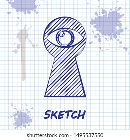 Sketch line Keyhole with eye icon isolated on white background. The eye looks into the keyhole. Keyhole eye hole.  Vector Illustration