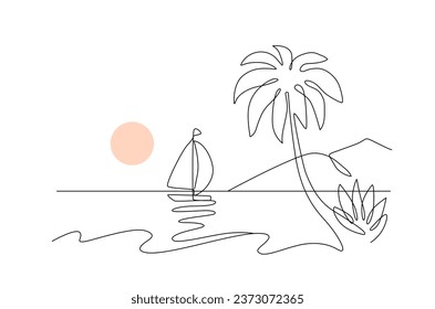 Sketch line landscape with palm tree. Vacation on tropical beach