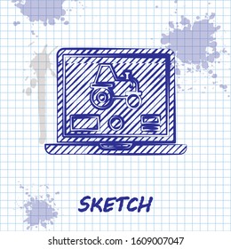 Sketch line Laptop application for control a autonomous tractor on a smart farm icon isolated on white background. Smart agriculture implement.  Vector Illustration