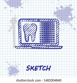 Sketch line Laptop with dental card or patient medical records icon isolated on white background. Dental insurance. Dental clinic report.  Vector Illustration