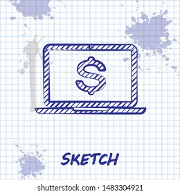 Sketch line Laptop with dollar symbol icon isolated on white background. Online shopping concept. Economy concept.  Vector Illustration