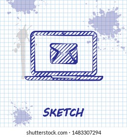 Sketch line Laptop with envelope and open email on screen icon isolated on white background. Email marketing, internet advertising concepts.  Vector Illustration