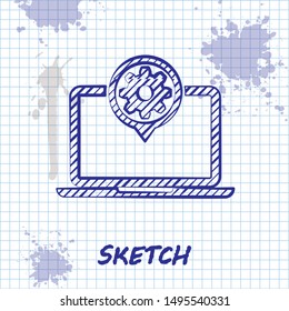 Sketch line Laptop and gear icon isolated on white background. Laptop service concept. Adjusting app, setting options, maintenance, repair, fixing.  Vector Illustration