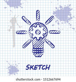 Sketch line Light bulb with rays shine and gear inside icon isolated on white background. Innovation concept.  Vector Illustration