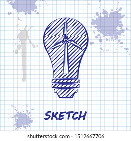 Sketch line Light bulb with wind turbine as idea of eco friendly source of energy icon isolated on white background. Alternative energy concept.  Vector Illustration