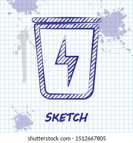 Sketch line Lightning with trash can icon isolated on white background. Waste to energy. Garbage bin sign. Recycle basket sign.  Vector Illustration