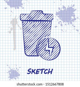 Sketch line Lightning with trash can icon isolated on white background. Waste to energy. Garbage bin sign. Recycle basket sign.  Vector Illustration