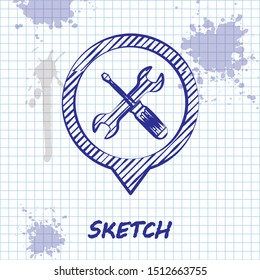 Sketch line Location with crossed screwdriver and wrench tools icon isolated on white background. Pointer settings symbol.  Vector Illustration