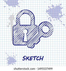 Sketch line Lock and key icon isolated on white background. Padlock sign. Security, safety, protection, privacy concept.  Vector Illustration