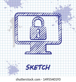 Sketch line Lock on computer monitor screen icon isolated on white background. Monitor and padlock. Security, safety, protection concept. Safe internetwork.  Vector Illustration