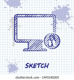 Sketch line Lock on computer monitor screen icon isolated on white background. Monitor and padlock. Security, safety, protection concept. Safe internetwork.  Vector Illustration