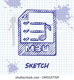 Sketch line M3U file document. Download m3u button icon isolated on white background. M3U file symbol.  Vector Illustration
