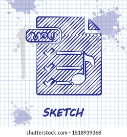 Sketch line M3U file document. Download m3u button icon isolated on white background. M3U file symbol.  Vector Illustration