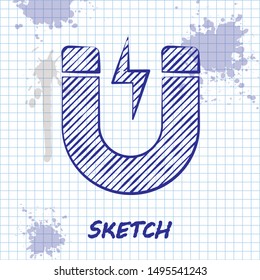 Sketch line Magnet with lightning icon isolated on white background. Horseshoe magnet, magnetism, magnetize, attraction sign.  Vector Illustration