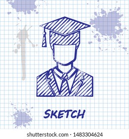 Sketch line Male graduate student profile with gown and graduation cap icon isolated on white background.  Vector Illustration