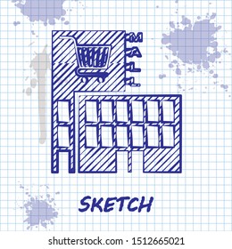 Sketch line Mall or supermarket building with shopping cart icon isolated on white background. Shop or store.  Vector Illustration