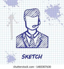 Sketch line Man with a headset icon isolated on white background. Support operator in touch. Concept for call center, client support service.  Vector Illustration