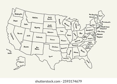 Sketch Line Map with Names United State of American. Country America US Outline Geography Drawing. Hand Drawn Vector Illustration