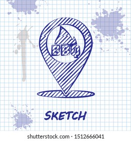 Sketch line Map pointer with barbecue icon isolated on white background. Fire flame icon. Barbecue and BBQ grill symbol.  Vector Illustration