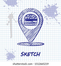 Sketch line Map pointer with fast food burger icon isolated on white background.  Vector Illustration
