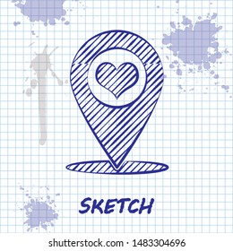 Sketch line Map pointer with heart icon isolated on white background.  Vector Illustration