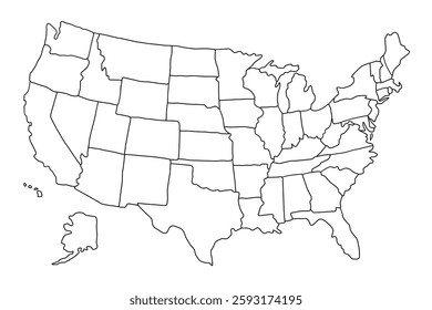 Sketch Line Map United State of American Silhouette. Country America US Outline Geography Drawing. Hand Drawn Vector Illustration