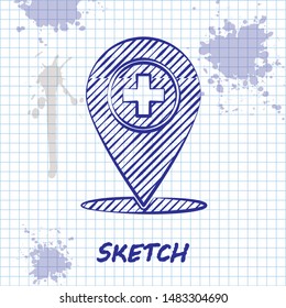 Sketch line Medical map pointer with cross hospital icon isolated on white background.  Vector Illustration