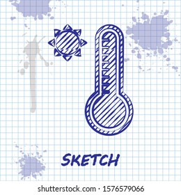 Sketch line Meteorology thermometer measuring heat and cold icon isolated on white background. Thermometer equipment showing hot or cold weather.  Vector Illustration