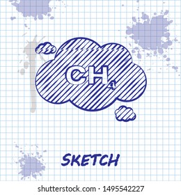 Sketch line Methane emissions reduction icon isolated on white background. CH4 molecule model and chemical formula. Marsh gas. Natural gas.  Vector Illustration