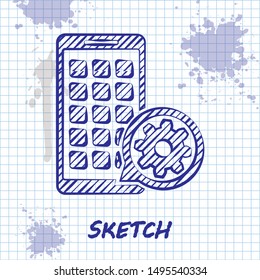 Sketch line Mobile Apps and gear icon isolated on white background. Adjusting app, service concept, setting options, maintenance, repair, fixing.  Vector Illustration