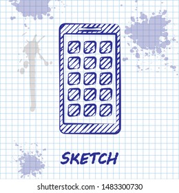 Sketch line Mobile Apps icon isolated on white background. Smartphone with screen icons, applications. mobile phone showing screen.  Vector Illustration