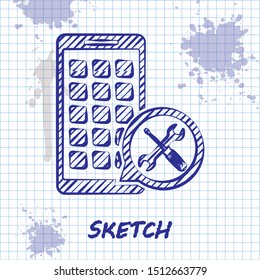 Sketch line Mobile Apps with screwdriver and wrench icon isolated on white background. Adjusting, service, setting, maintenance, repair, fixing.  Vector Illustration