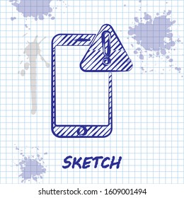 Sketch Line Mobile Phone With Exclamation Mark Icon Isolated On White Background. Alert Message Smartphone Notification.  Vector Illustration