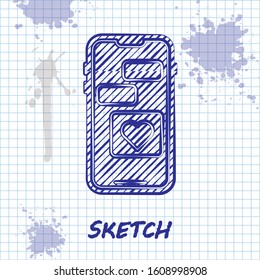 Sketch line Mobile phone with heart icon isolated on white background. Valentines day.  Vector Illustration